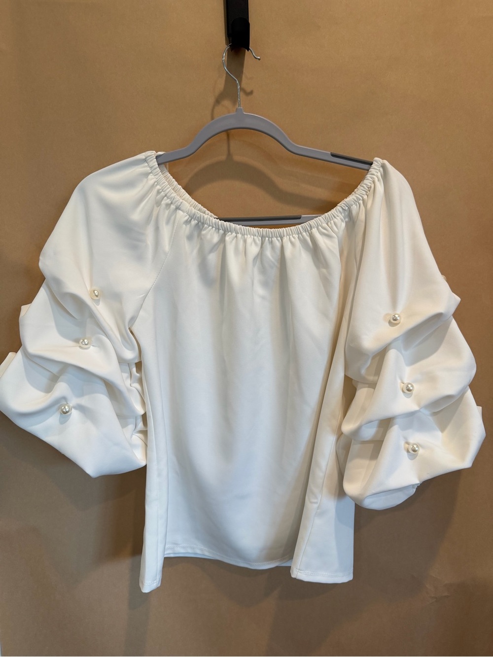 CeCe White Off-The-Shoulder Puff Sleeve Top with Pearl Accents